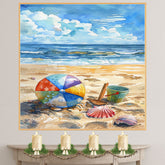 Watercolor Beach Scene with Colorful Ball Green Bucket Shells and Wooden Shovel on Sandy Shore with Waves and Sky on Ready to Hang 1.5" Thick Canvas Wrap, Floating Framed Canvas, Flat Rolled Canvas